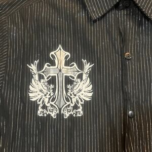 Vintage Zava Button Up Shirt Men XL Black Silver Long Sleeve Gothic Y2K Cross